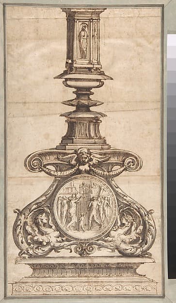 Design of a Candlestick with Winged Figures at Base Surrounding Scenic Medallion