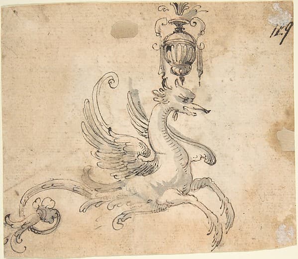 Winged Hippocamp supporting a Vase (recto); Figure Studies and Architectural Design (verso)