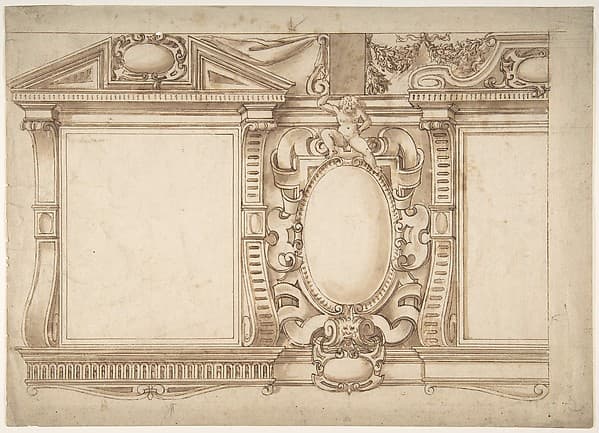 Design for an Interior Wall with Pedimented Niches or Windows, Flanking a Cartouche