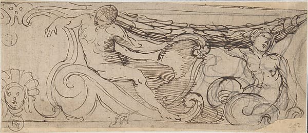 Design for a Frieze: A Nude Man, Sea Creature, a Garland and Volutes, Small head of Unicorn