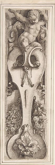 Ornamental Border with a Putto, Scroll, Mask, and Floral Garland