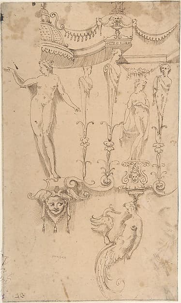 Studies for Grotesque Decorations (Recto); Small Sketches and Writing (Verso)