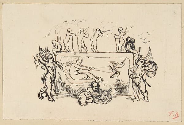 Putti grouped around a rectangular panel