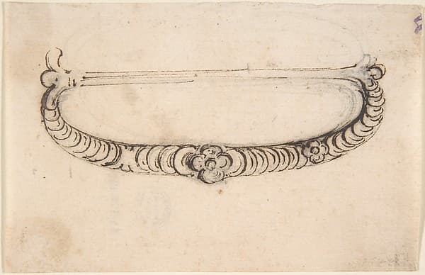 Design for a Metal Bag or Purse Handle with Stacked Coin Motif and Central Rosette