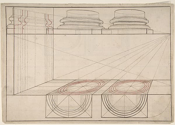 Architectural Perspective Study Showing Two Column Bases (Recto); Architectural Perspective Study Showing Column Capital and a Measurement Key (Verso)