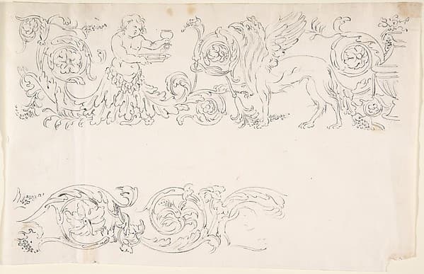 Designs for Decorative Borders with Floral Ornamentation and a Putto and Griffin