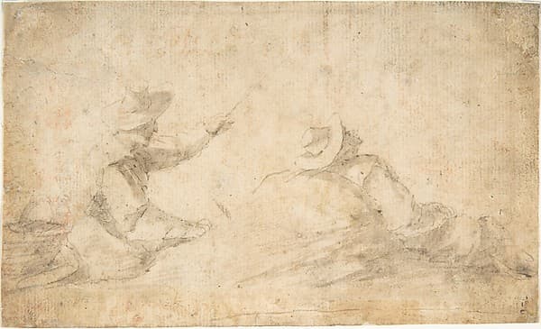 Man Fishing and Man Reclining Against a Rock