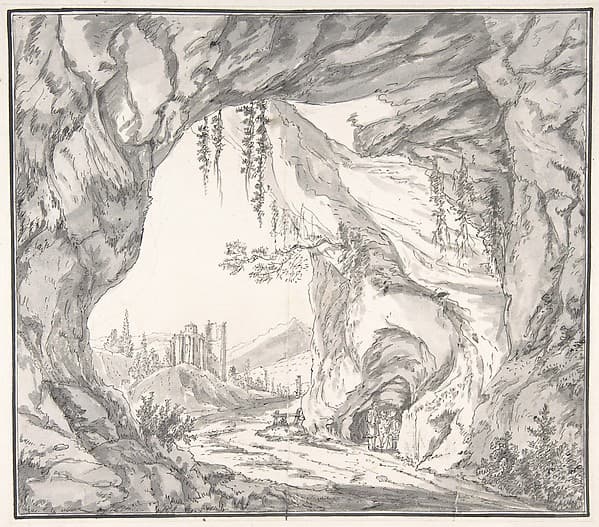 Mountainous Landscape with Ruins of a Castle and Three Men in a Cave, Seen through a Stone Gate