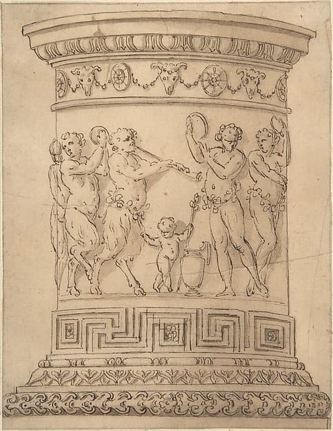 Pedestal with Relief Carving of a Bacchanal with Ornamental Borders