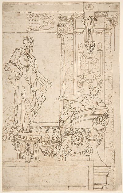 Sketch of Balcony and Pier (?) With Standing Female and a Reclining Satyr