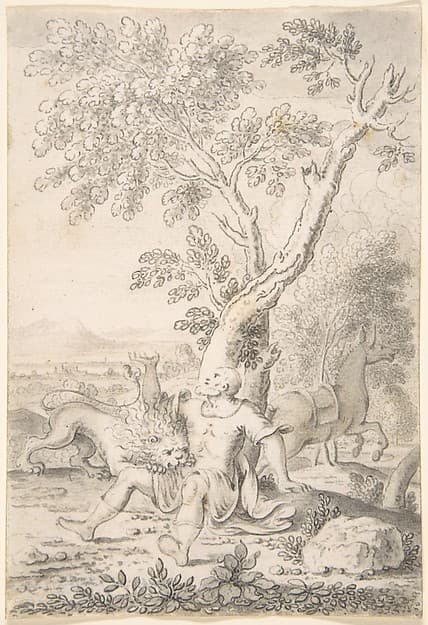 A Man under a Tree Bitten by a Lion while his Horse Escapes