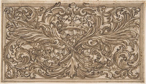 Design for a Panel Decorated with A Bundle of Foliage, A Crown and a Shell