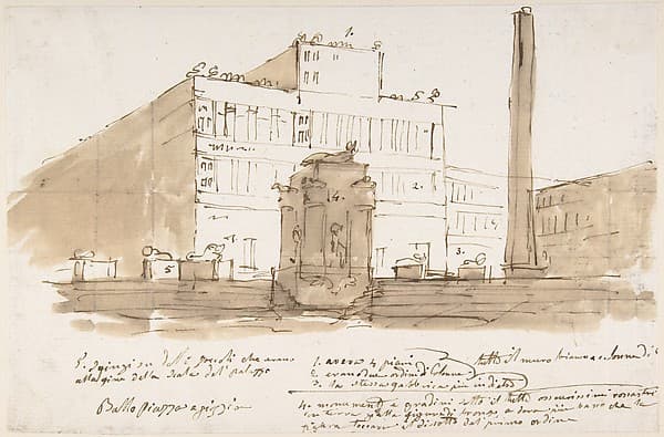 Stage design: piazza with a building, an obelisk, and a monument. Building and monument with numbers referring to inscription below.