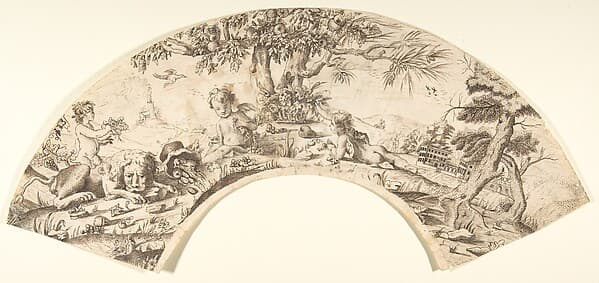Design for a Fan: Scene of Cupids, and a Sleeping Lion in a Landscape