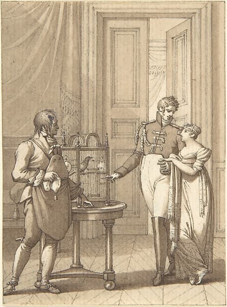 Design for a Book Illustration: an Amorous Couple Beside Birds in a Cage