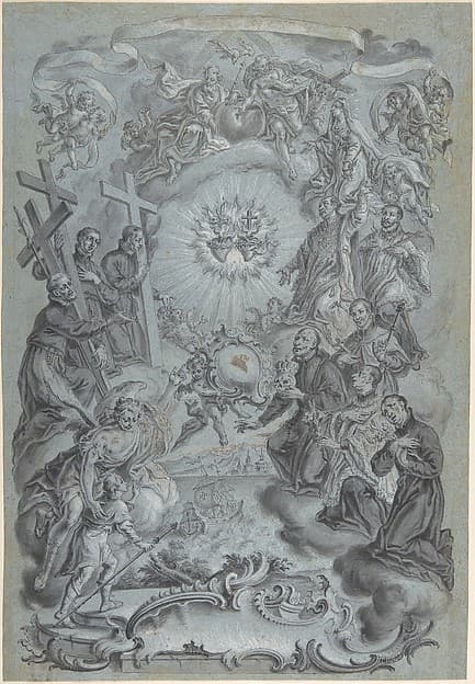 A Study for a Frontispiece: The Trinity and Saints surrounding the Sacred Hearts of Christ and the Virgin Mary, a Coastal Landscape Below