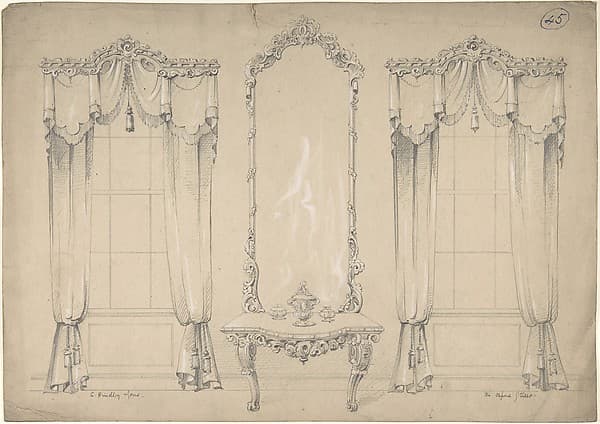 Design for Wall with Two Windows, Side Table, and Mirror