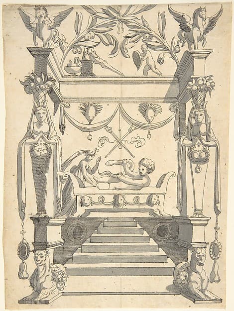 Grotesque with an Architectural Structure with a Young Boy on a Bed, Holding a Snake.