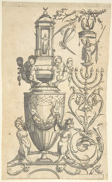 Candelabra Grotesque with a Large Vase Flanked by Sphinxes