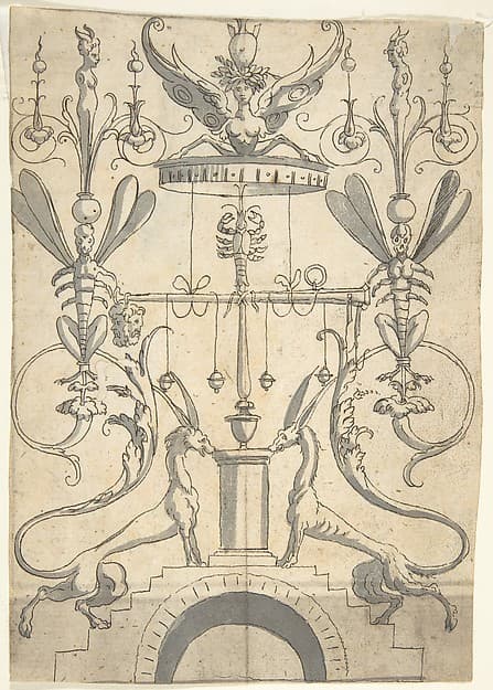 Candelabra Grotesque on a Pedestal with Fantastical Creatures and a Lobster