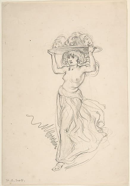 Girl Carrying a Tray with Four Heads