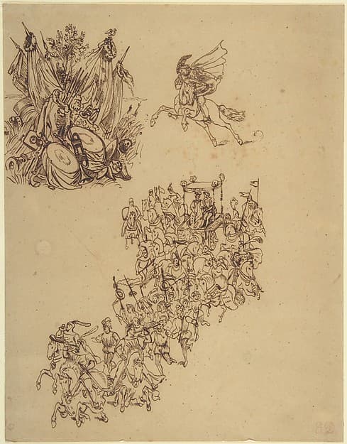 Sheet of Studies: A Marriage Procession in Sixteenth-Century Dress; a Cavalier; and a Trophy of Arms
