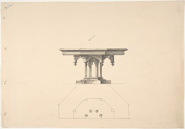 Design for an Octagonal Gothic Pedestal Table with Pendentives: Elevation and Plan