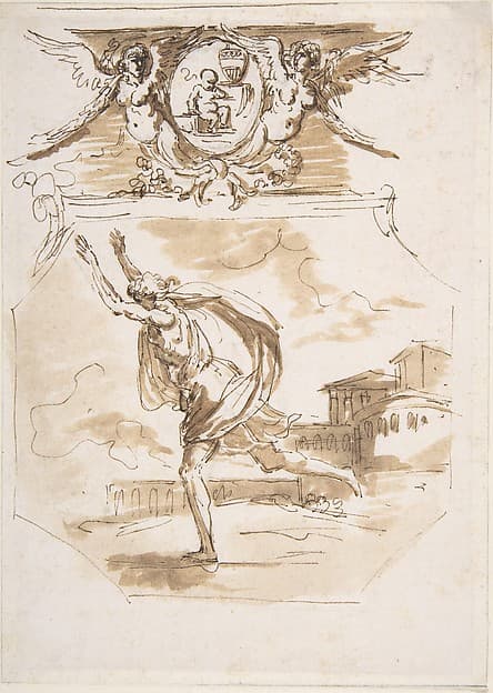 Draped Man Running; Cartouche Supported by Two Winged Victories