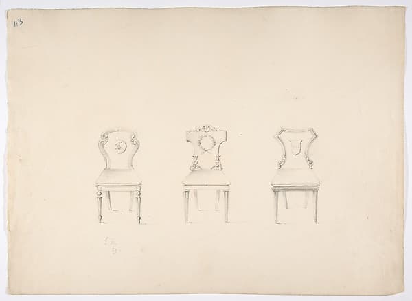 Design for Three Chairs with Arms or Devices on Backs