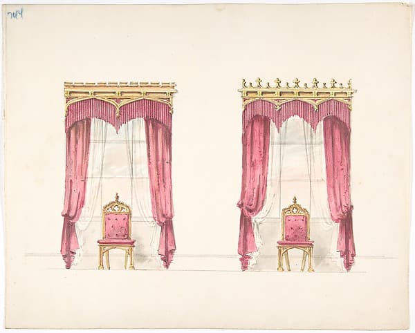 Design for Two Red Fringed Curtains with Gold Pelmets