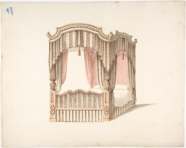 Design for a Curtained Four Poster Bed with Brown, Pink and White Striped Curtains
