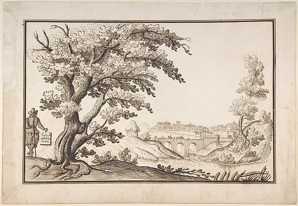 Framed Landscape with a View of Castel Durante with a Figure Holding an Inscribed Plaque in the Foreground