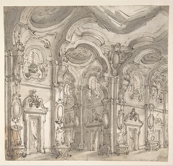 Design for a Stage Set: The Gallery of a Magnificent Palace Decorated with Mirrors.