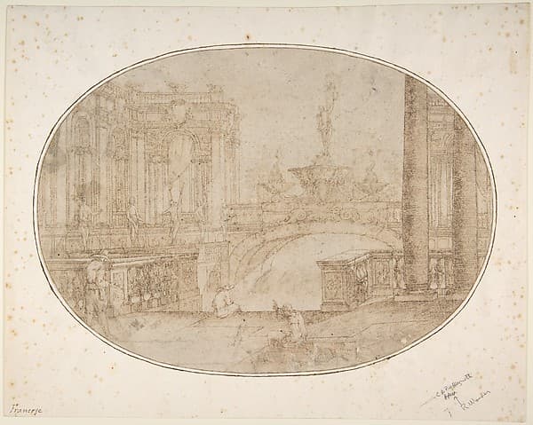 Architectural Perspective for a Stage Set with a Bridge, Statues and a Fountain in the Background and Human Figures in the Foreground