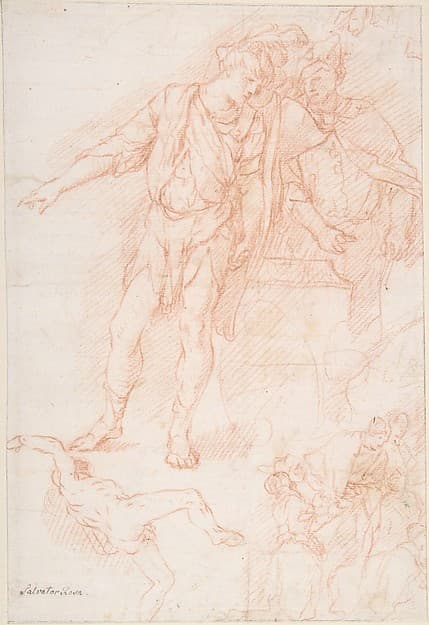 Figure Studies: Men Standing by a Large Vase, a Falling Nude Figure, and Other Figures