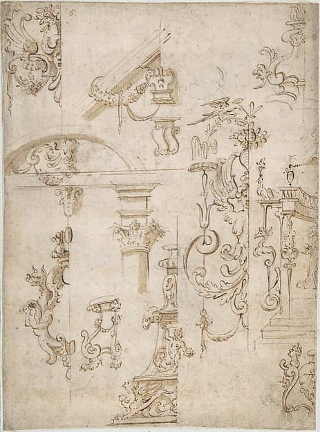 Ornamental sketches with a Griffin and Architectural Elements