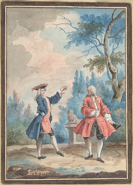 Two dancing male figures in a landscape