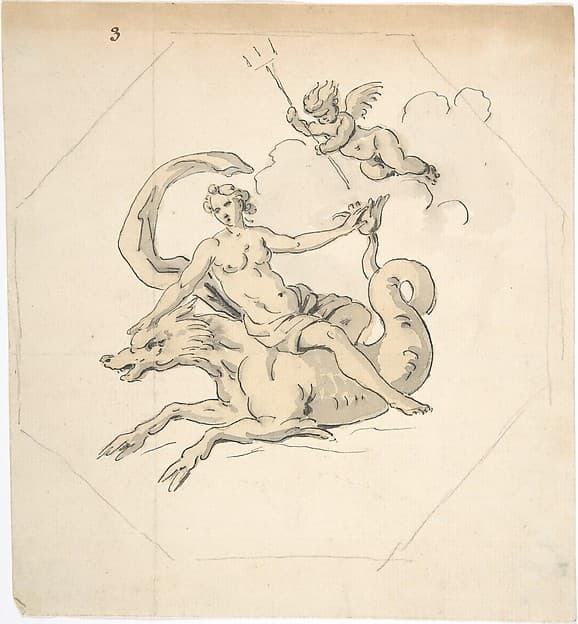 Ceiling Design of a Nereid Mounted on a Hippocamp with Putto