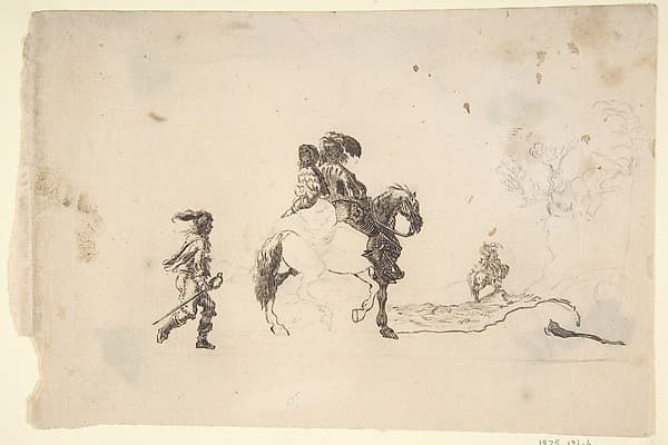 Two Figures on Horseback, a Soldier Walking Behind