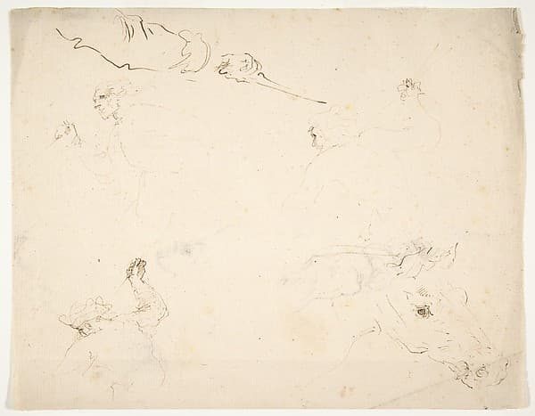 Figures in Battle and Head of a Horse (recto); Studies of a Man's Head and Arms (verso)