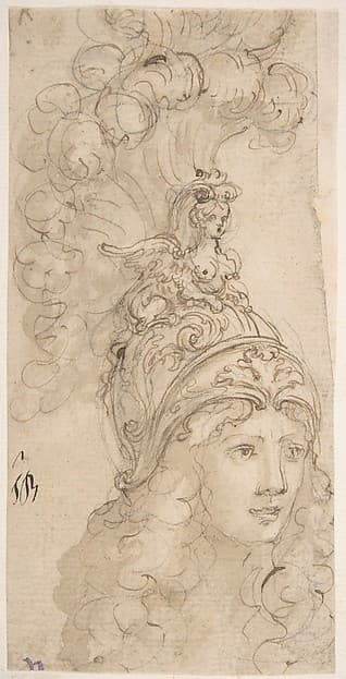 Design for a Helmet with a Sphinx presented in 3/4 View