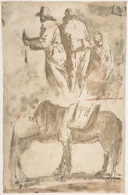 Sheet of Studies: Three Figures Above, Studies of Horses Below