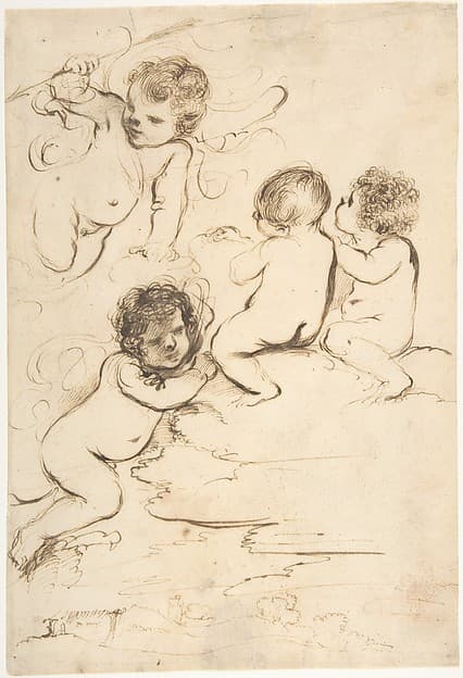 Four Putti with Bow and Arrows on Clouds above a Landscape with a Tower