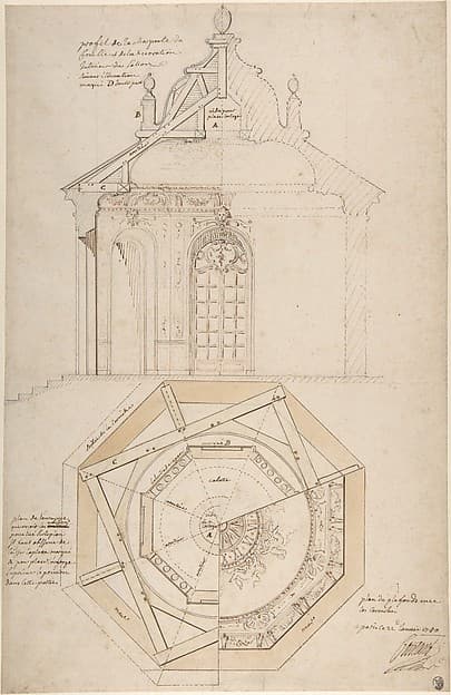 Plan of the Roof and Section of a Pavilion in the Gardens of the Château de Saint-Cloud (recto); Study for the Exterior with Partial Plan of the Pavilion (verso)