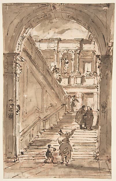 Architectural Fantasy: Figures on a Grand Staircase (recto); Studies for the Frame of a Shaped Field (verso)