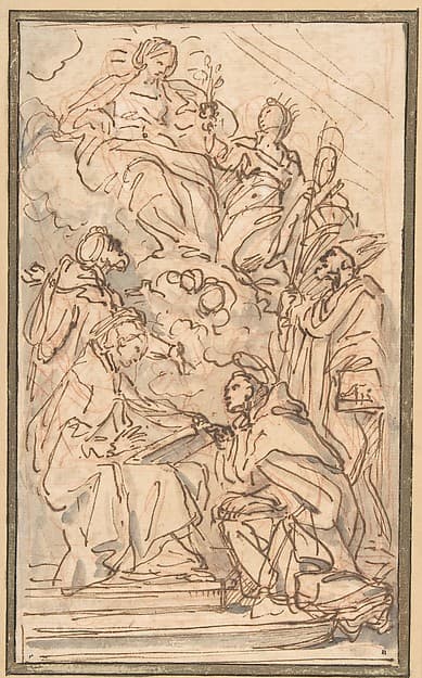 The Virgin with Female Attendant Appearing to Four Male Saints