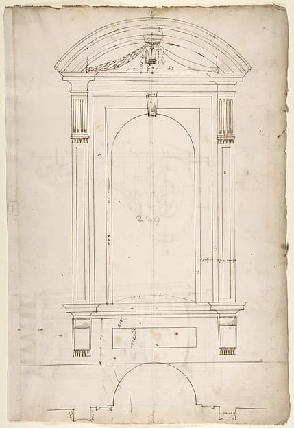 St. Peter's, apse, exterior niche details (recto) St Peter's, apse, exterior niche elevation and profile of scrolled console, elevation of column shaft (verso)