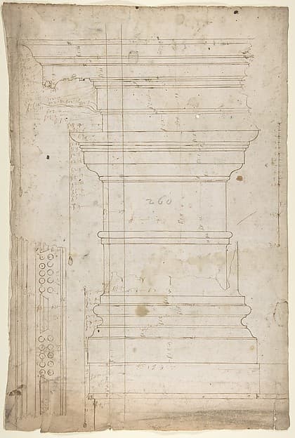 San Lorenzo, Library, pilaster, elevation; soffit, detail, plan (recto) San Lorenzo, Library, entablature, section (verso)