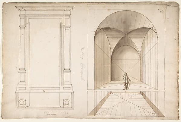 Unknown, portal or niche, plan and elevation; perspective study, interior, square chamber with cross-vault, with a scale figure (recto), blank (verso)