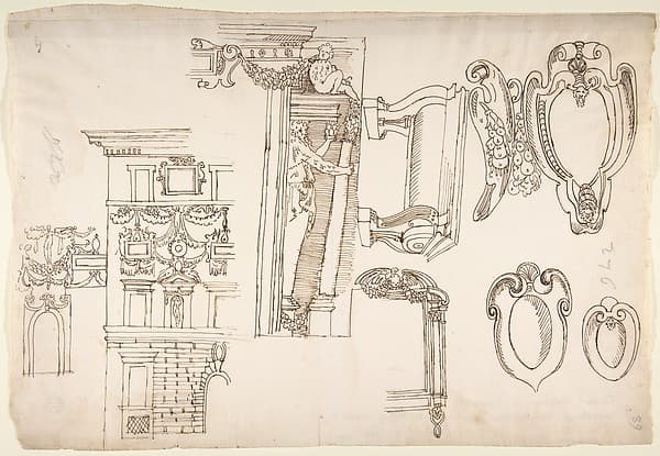 Palazzo Capodiferro (Spada), partial elevation, details; Santa Trinità dei Monti, Orsini Chapel, frame, elevation; various details, perspective (recto) blank (verso)